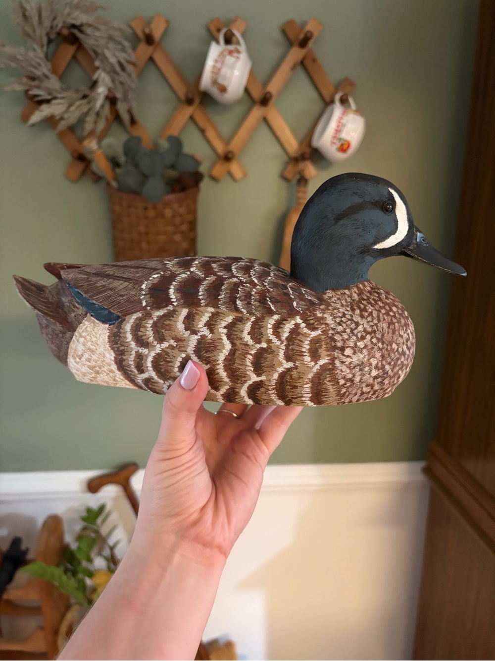 Hand-Painted Brown & Blue Duck Decoy - Decorative Bird Figurine